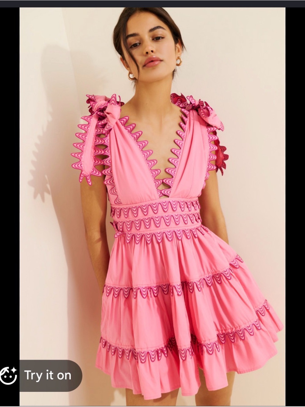 V-Neck Pink Tiered Mini Dress with Decorative Trim